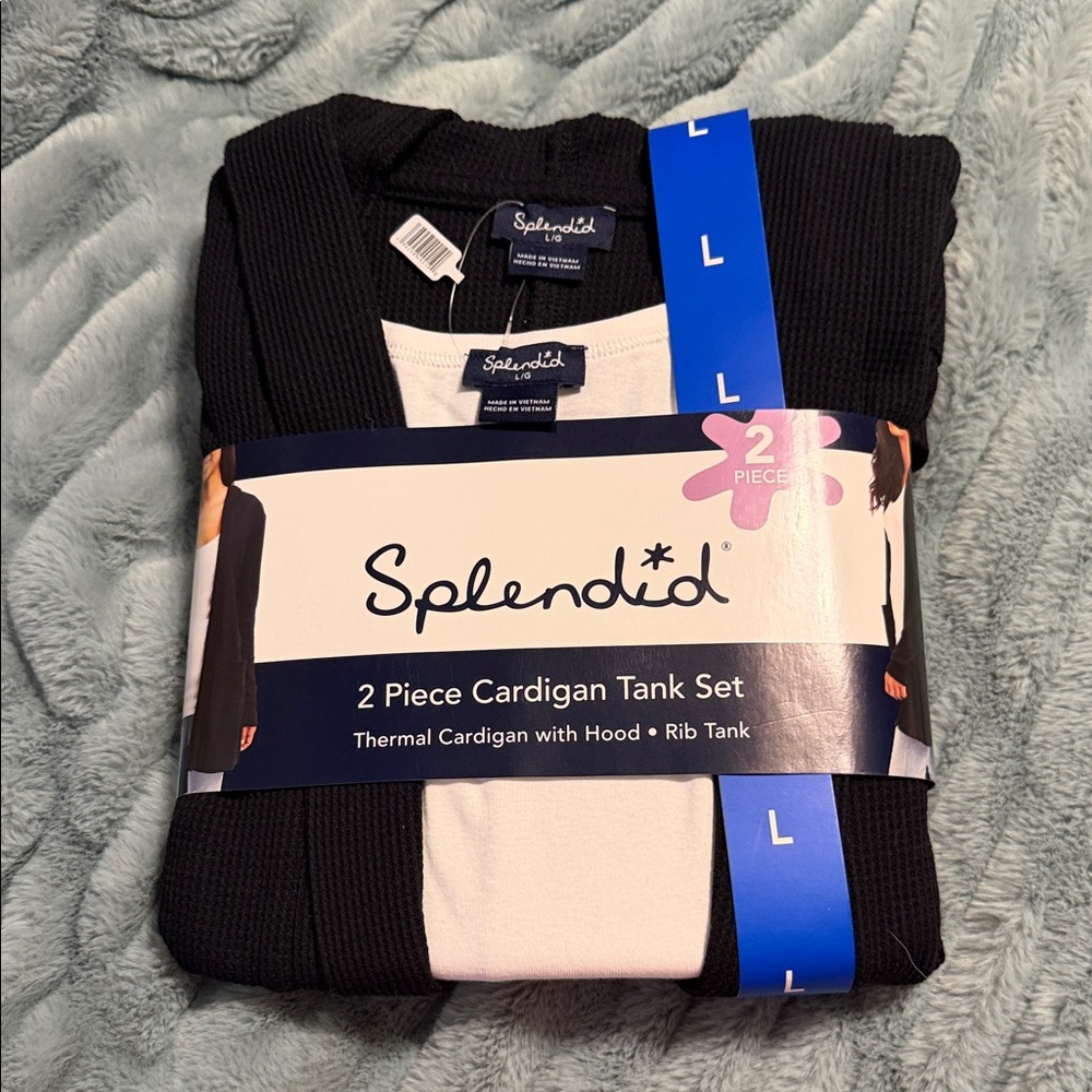 Splendid Black Cardigan with Cream Rib Tank